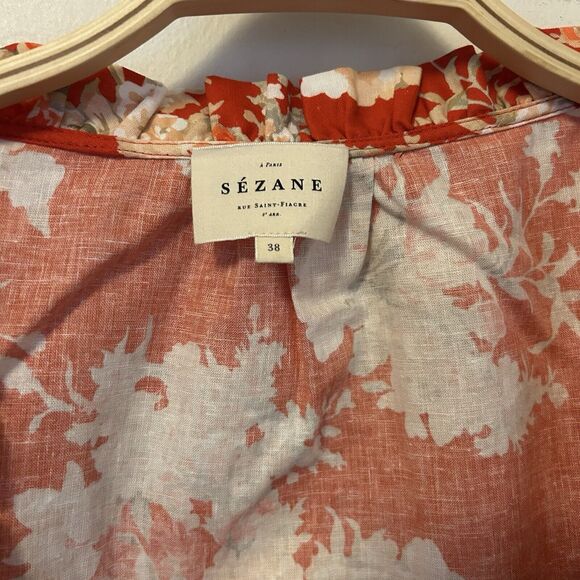 Sezane Kellia Blouse Orange Floral Flowers Linen Puff Sleeve Top 38 US 6 M - Picture 4 of 8